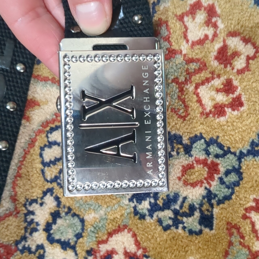 Armani Exchange Black Belt with Silver Buckle And Grommets Rivets 43" - Picture 2 of 3